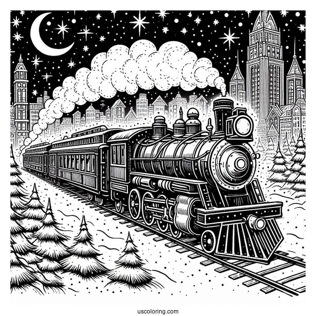 Detailed Polar Express Coloring Page Of Train In A Snowy Night