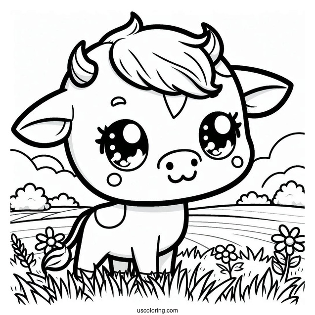 Cute Coloring Page Of Chibi Cow In A Field For Preschoolers