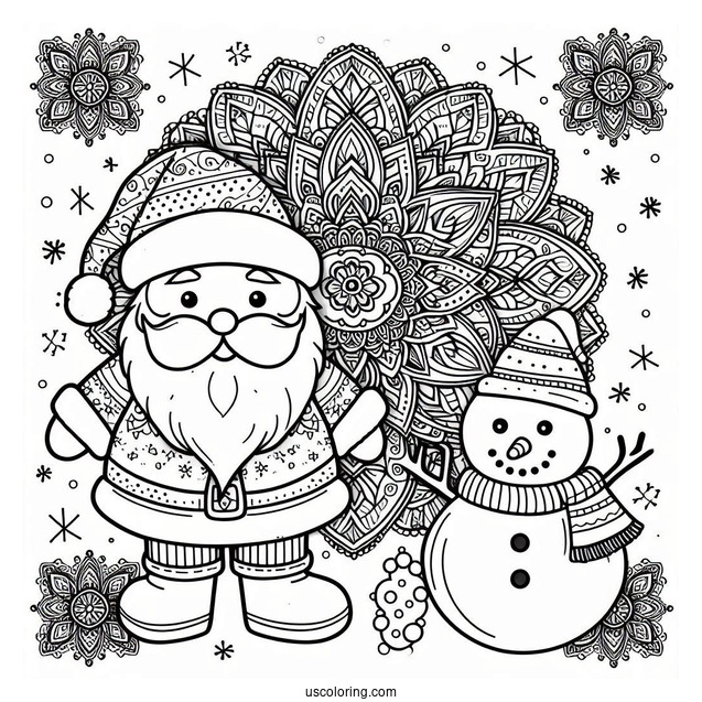 Santa Claus With Snowman And Christmas Mandala Coloring Page