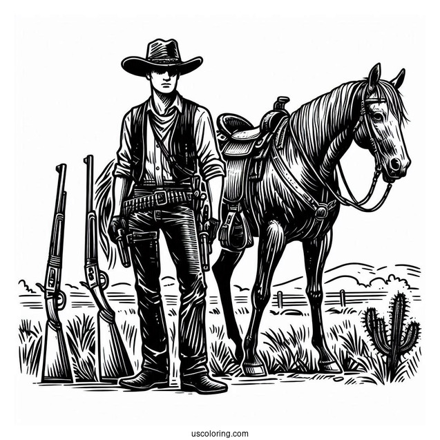 Cowboy Coloring Page With Guns Standing In Front Of Horse