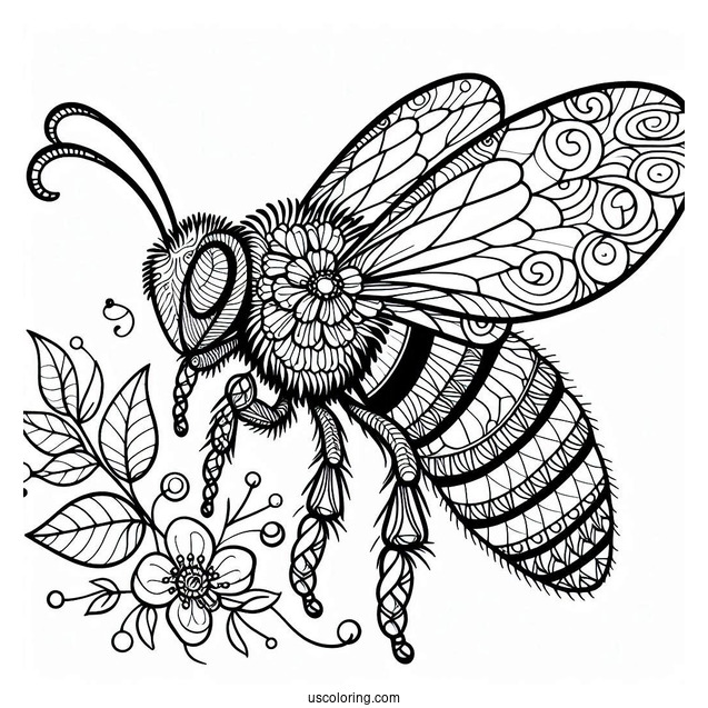 Complex Bumblebee In Nature Pattern Coloring Page