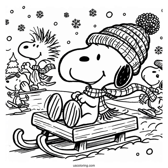 Woodstock And Snoopy Sledding During Christmas