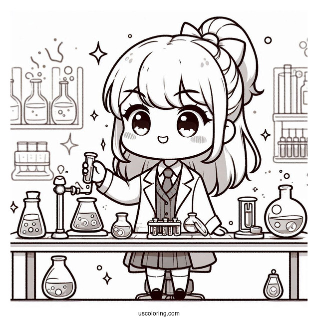 Science Coloring Page Of Chibi Girl Performing Science Experiments In A Lab