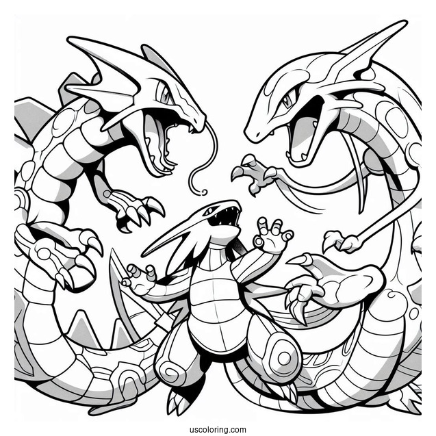 Kyogre Fighting With Groudon And Rayquaza Coloring Page