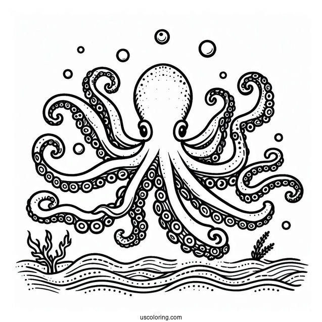 Scary Octopus Coloring Page Swimming In The Ocean