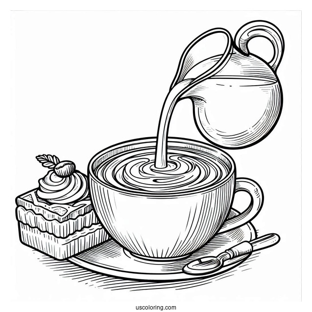 Milk Being Poured Into Coffee Coloring Pages Of Cup With Dessert On Table