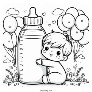 Baby Coloring Page Of Boy Embracing Large Milk Bottle With Balloons
