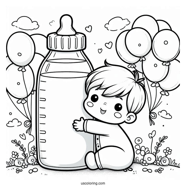 Baby Coloring Page Of Boy Embracing Large Milk Bottle With Balloons