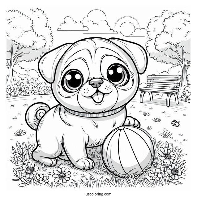 Cute Pug Coloring Page and Ball in the Park For Kids