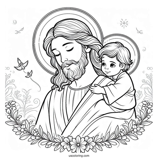 Holy Jesus Coloring Page With A Halo Carrying A Little Boy