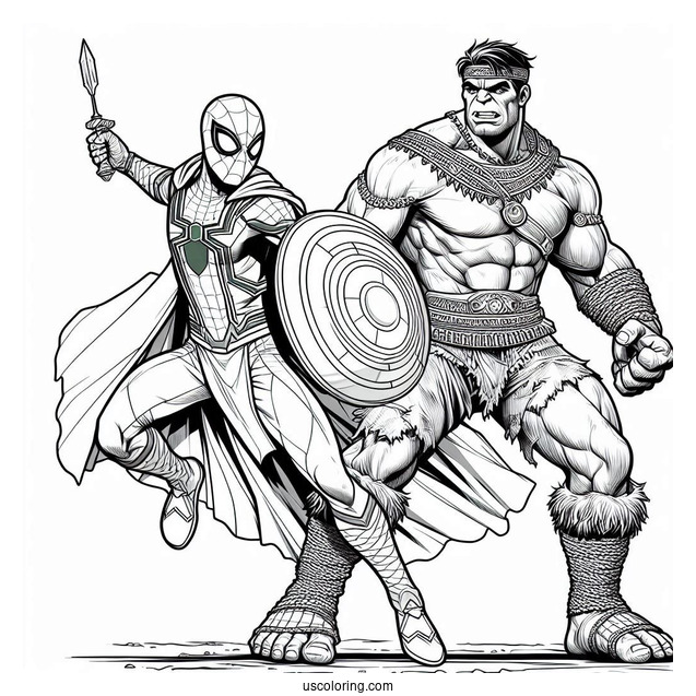 Spider Man Fighting Alongside Hulk Coloring Page For Kids