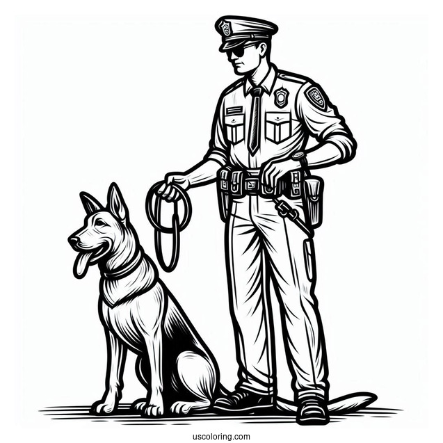 Police Man With Police Dog To Color