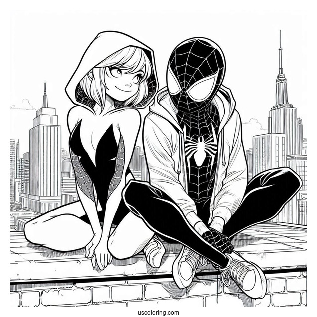 Miles Morales And Spider-Gwen Coloring Page Sitting Together On A Rooftop