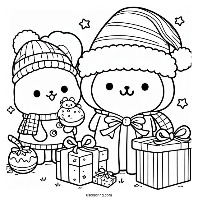 Pompompurin And Scone Holding Christmas Presents Coloring Page