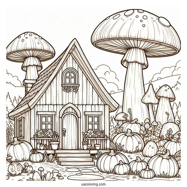 Tiny Houses And Pumpkins Growing On Top Of A Mushroom Coloring Page