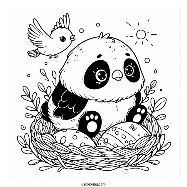 Tiny Bird Sitting On Baby Panda Coloring Page Head