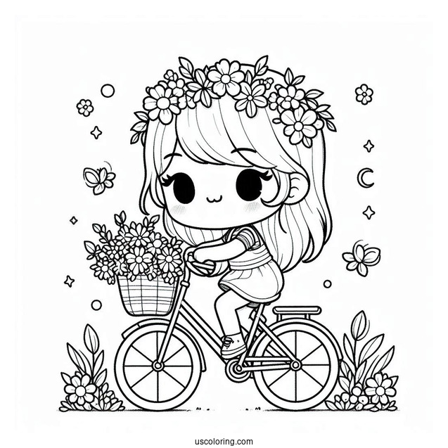 Kawaii Little Girl Riding Bicycle Coloring Page With Flowers For Kids