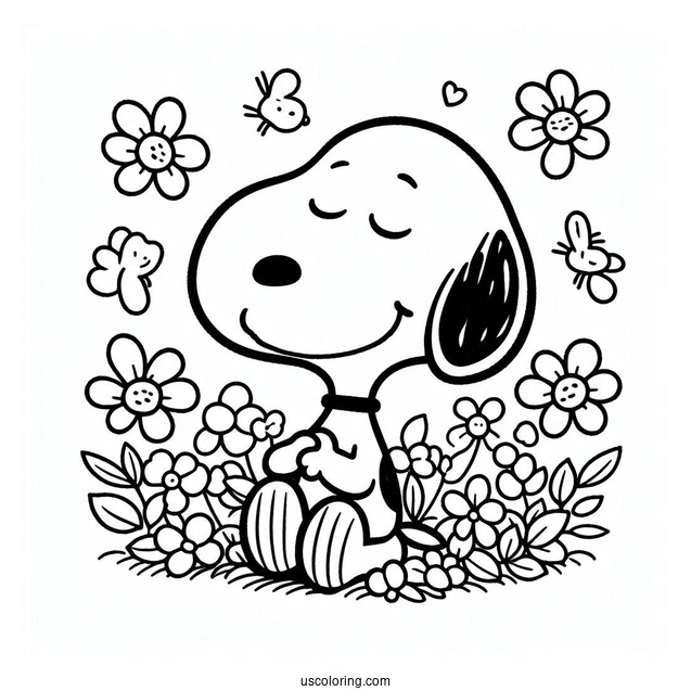 Smiling Snoopy With Flowers Coloring Picture