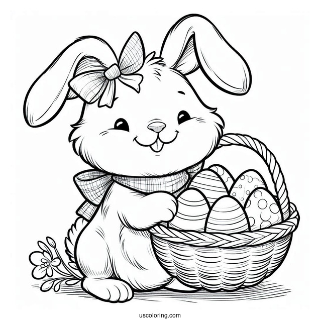 Smiling Bunny Holding A Basket Of Easter Coloring Page Of Eggs For Kids