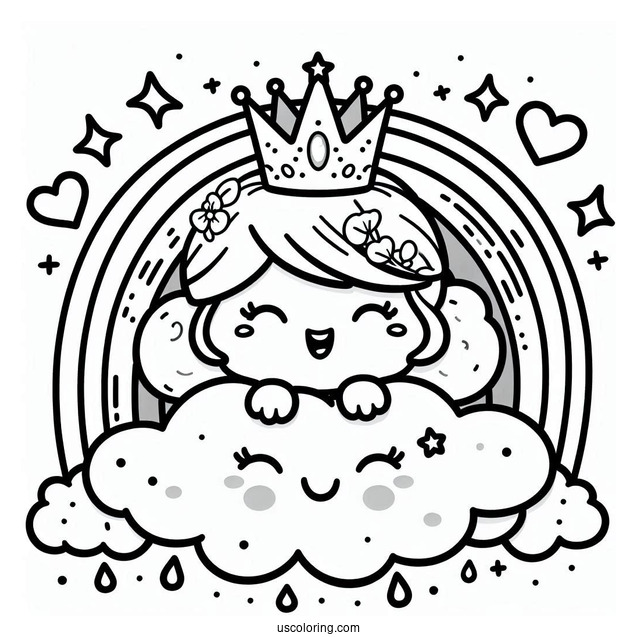 Happy Cloud Princess With Crown Coloring Page Under Rainbow and Stars