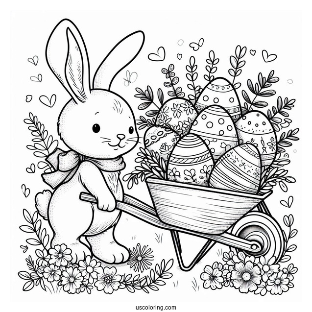 Easter Coloring Page Of Rabbit Pulling Wheelbarrow Full Of Easter Eggs