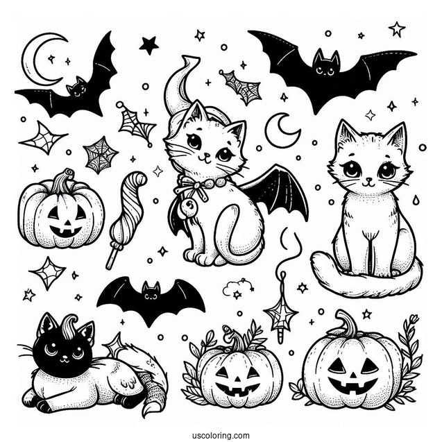 Cats With Bats Halloween Coloring Pages
