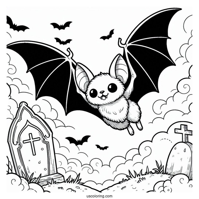 Large Bat Coloring Page Flying Over Tombstones Halloween