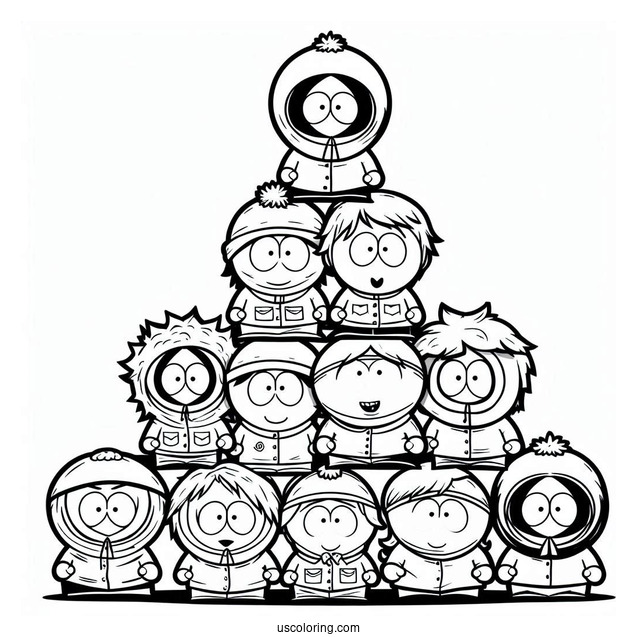 South Park Coloring Page Of Kenny, Kyle, Stan, Tolkein, Eric, And Butters Forming Pyramid
