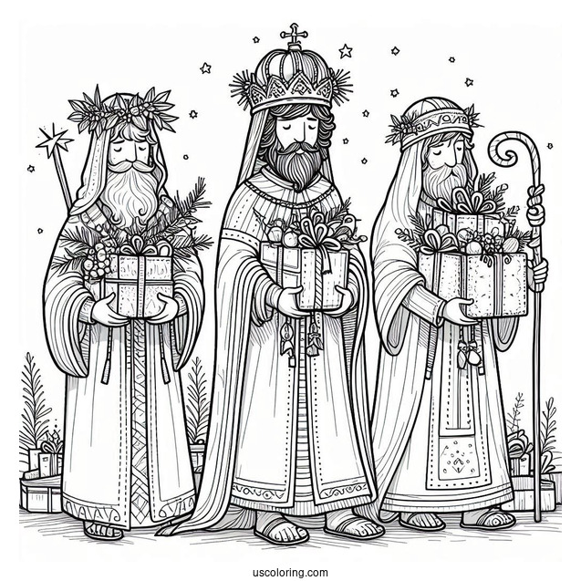 Nativity Coloring Page Of The Three Wise Men Carrying Gifts