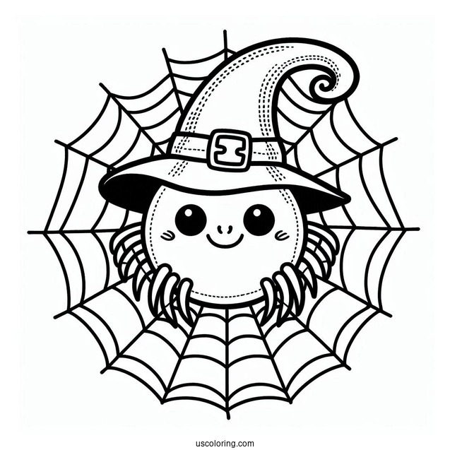 Outline Of Spider On Web Wearing Witches Hat