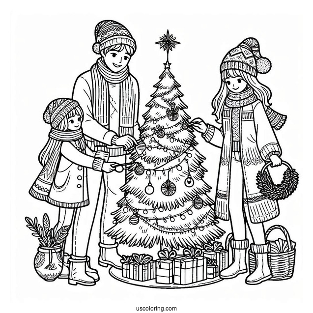 Family Decorating a Christmas Tree