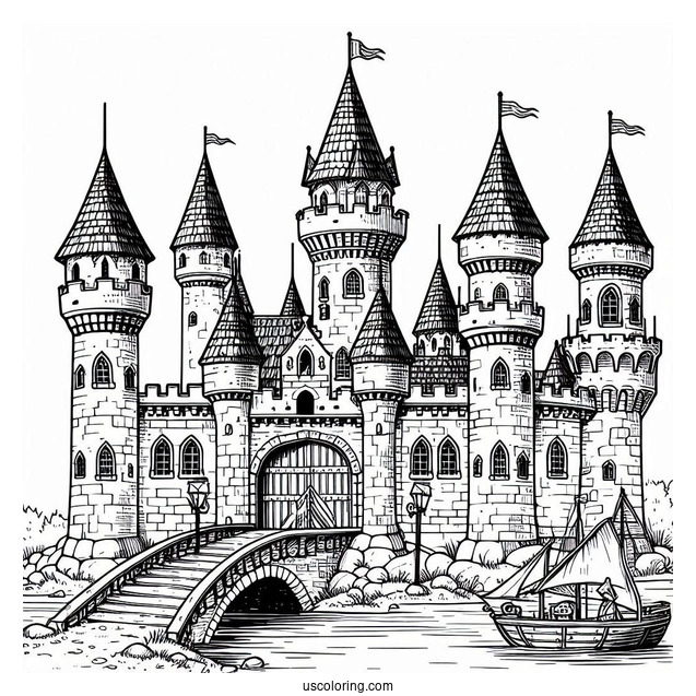 Medieval Castle Coloring Page With Moat