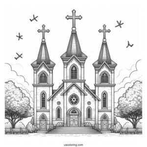 Realistic Church Coloring Page With Three Crosses At The Top