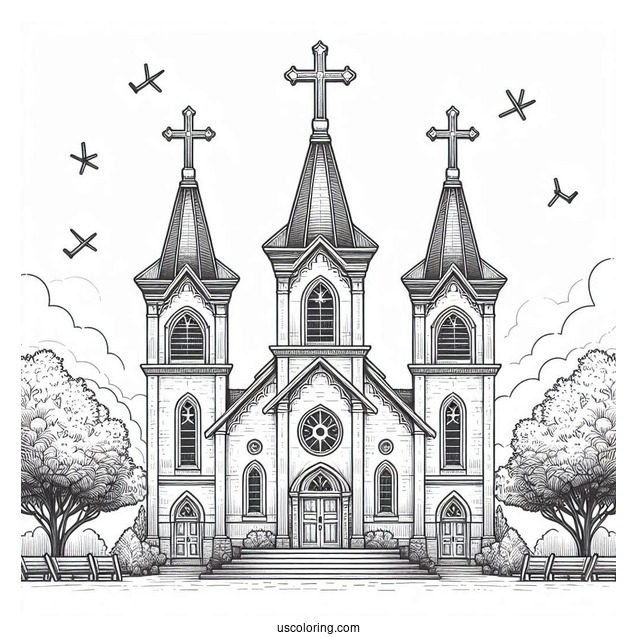 Realistic Church Coloring Page With Three Crosses At The Top