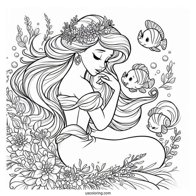 Princess Coloring Page Of Human Princess Ariel With Flounders