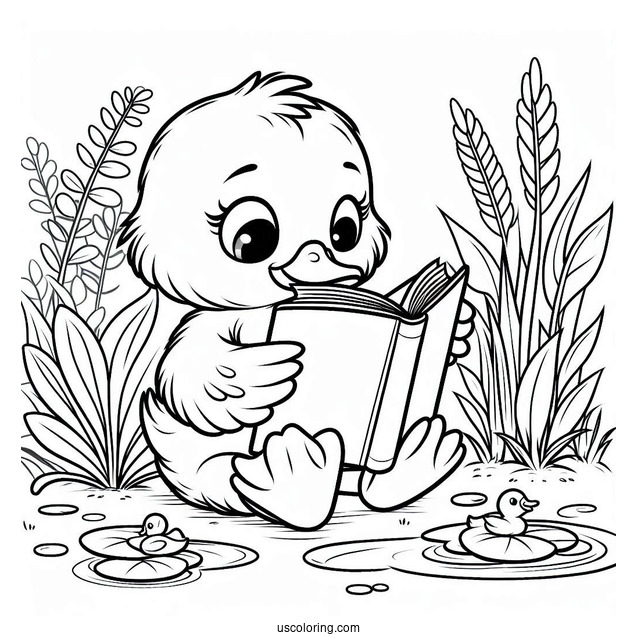 Smart Duck Reading by the Pond Coloring Page