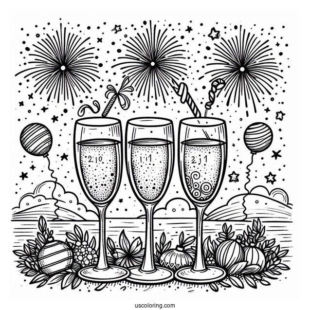 New Year Coloring Page Of Bubbly Wineglasses With Fireworks In The Background