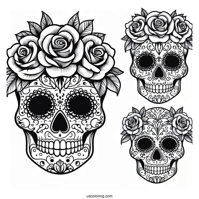 Easy Sugar Skulls Coloring Page Design With Roses On The Head