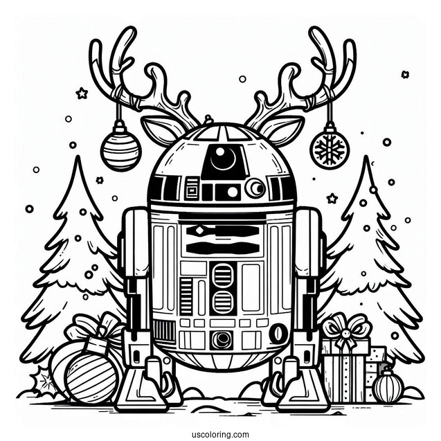 Cute R2-D2 Coloring Page With Antlers And Christmas Baubles For Kids