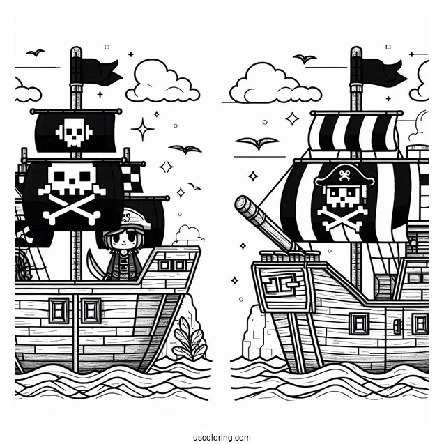 Easy Minecraft Pirate Ship Coloring Page With Two Pirates For Kids