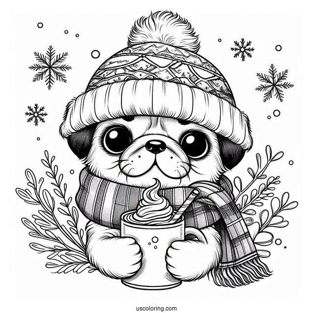 Winter Pug with Latte and Scarf Coloring Page