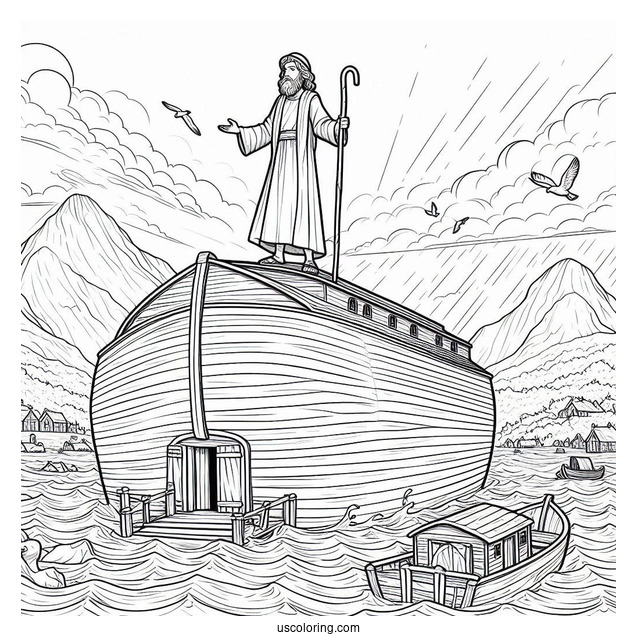 Noah's Ark Coloring Page Of Standing On Top Of Ark After The Flood