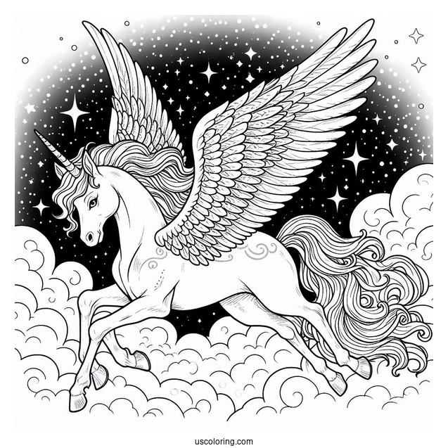 Pegasus Coloring Page With Massive Wings In The Starry Night Sky