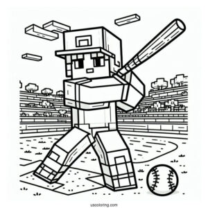 Minecraft Baseball Coloring Page Of Player Batting For Kids