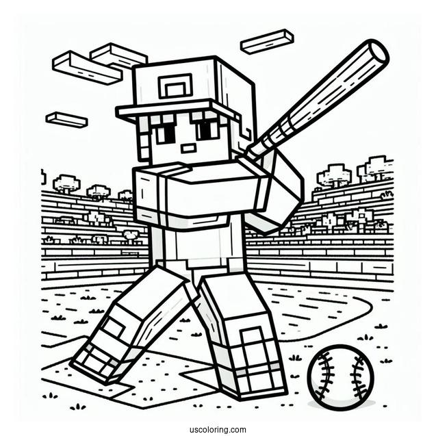 Minecraft Baseball Coloring Page Of Player Batting For Kids