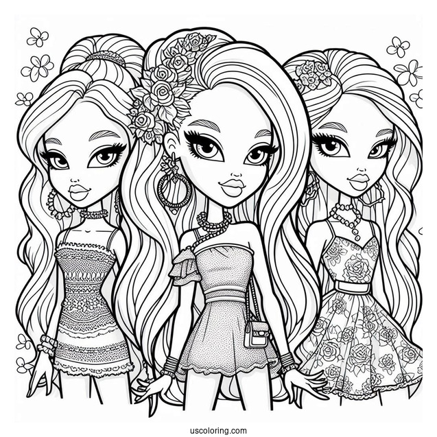 Bratz Jade, Sasha, Cloe, and Yasmin Coloring In