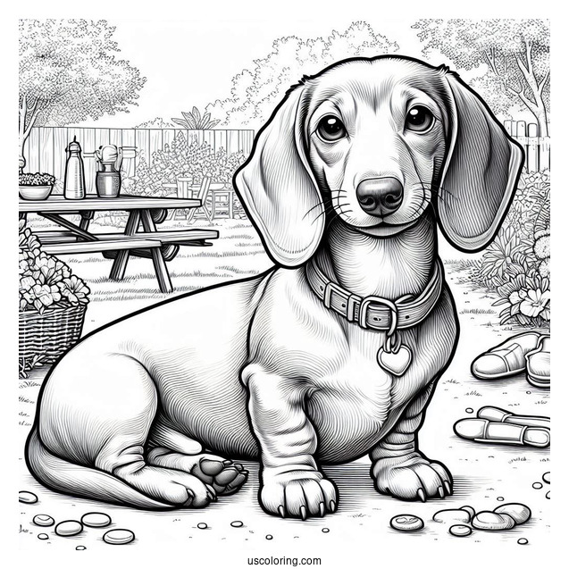 Realistic Dachshund Coloring Page In The Backyard