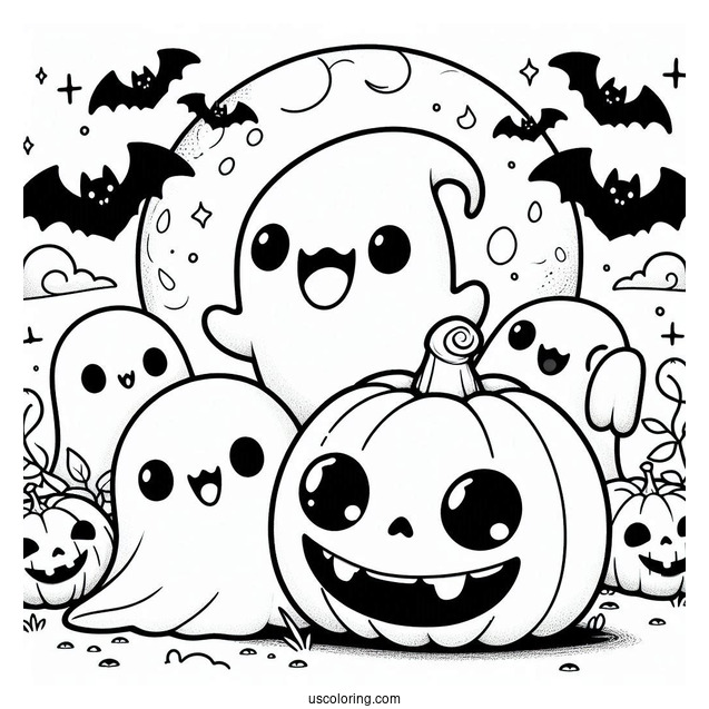 Kawaii Ghosts With Fangs Hanging Around A Jack O Lantern