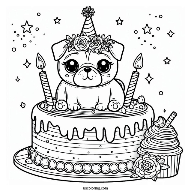 Unicorn Pug Themed Birthday Cake To Color
