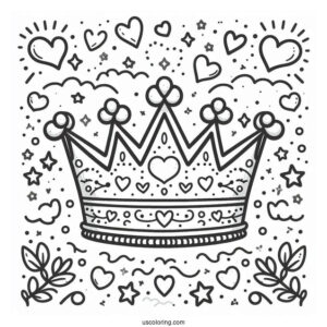 Playful Royal Crown Coloring Page Surrounded by Hearts and Stars For Kids
